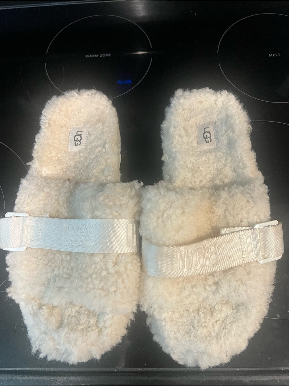 UGG Plush Shearling Slide Sandals in Cream